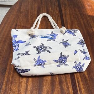 Canvas Hawaiian Tote Bag with Blue metallic Turtle Print, rope handle. Brand New
